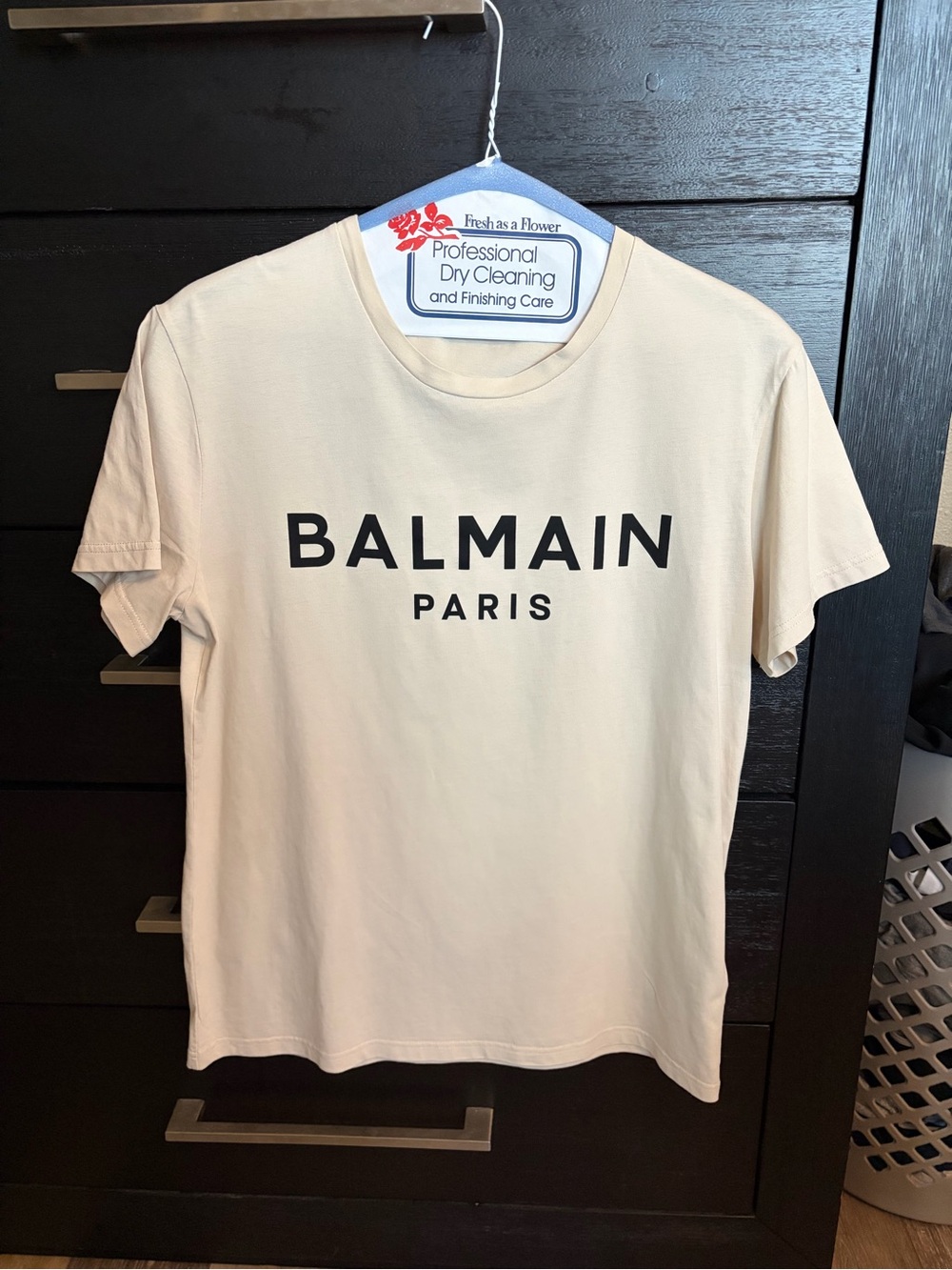 Balmain Paris Men's Cream T-Shirt with Black Logo